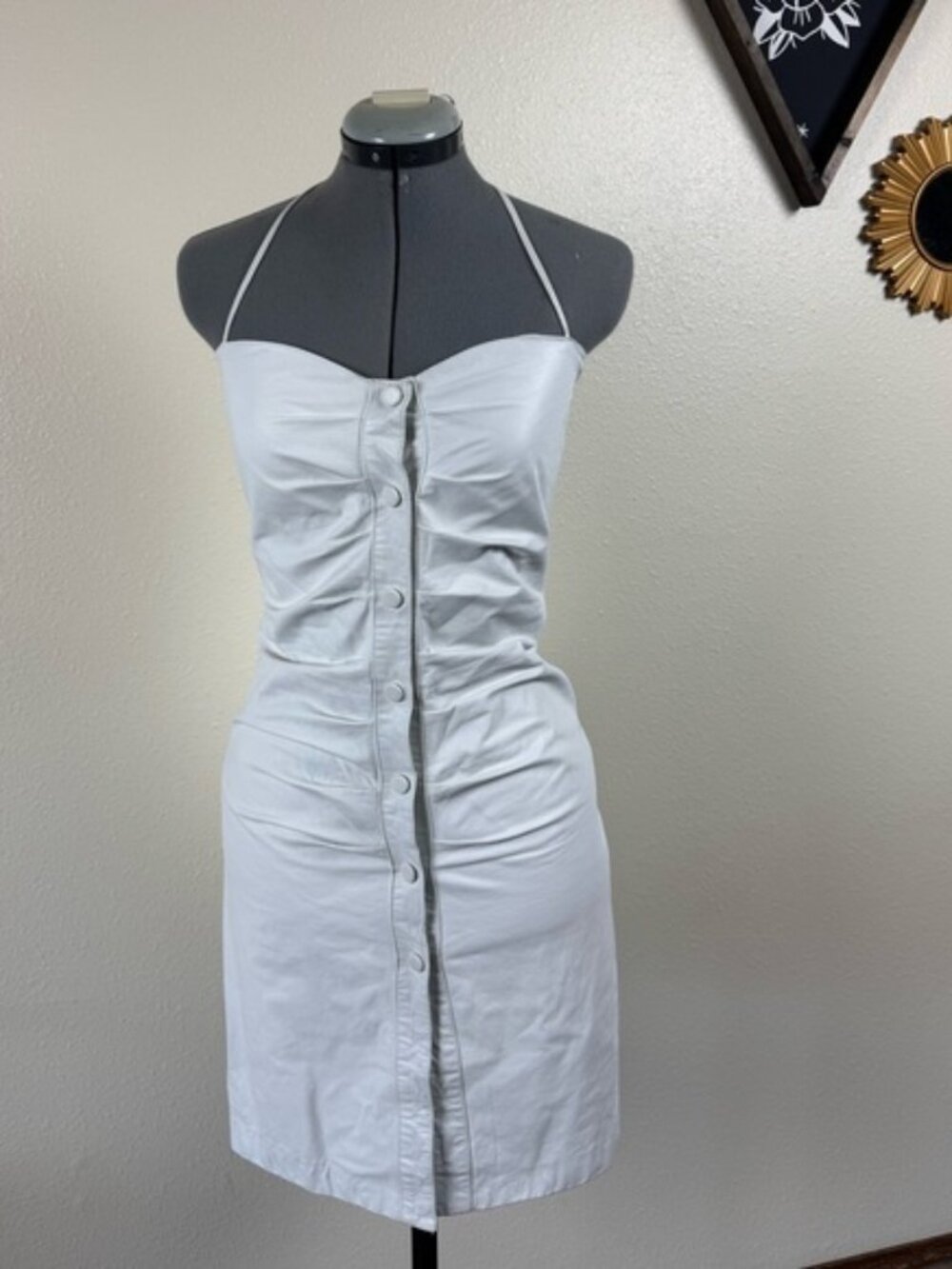 White Leather Halter Mini Dress Snap Front. Y2K Moto Bodycon Festival Western